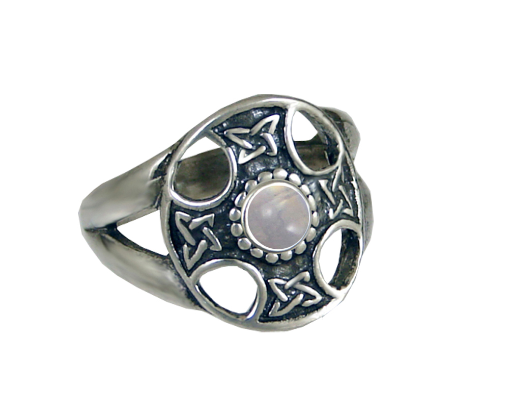 Sterling Silver Celtic Solar Cross Ring With Rainbow Moonstone Size 11